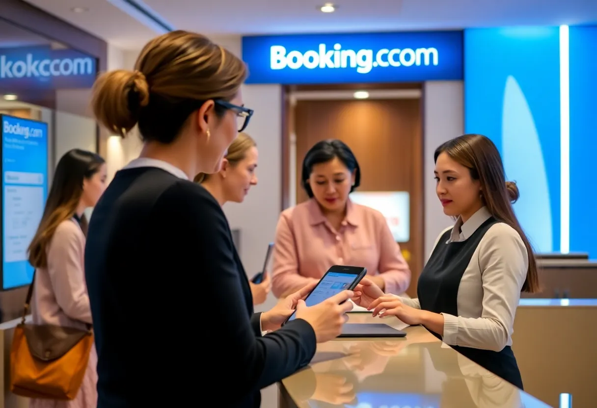 Receptionist assisting guests in a hotel setting with Booking.com branding visible