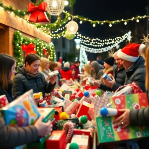 A community participating in a holiday toy drive with diverse individuals donating toys.