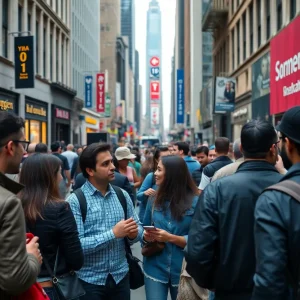 People in New York City connecting and engaging in conversation in a marketing context.