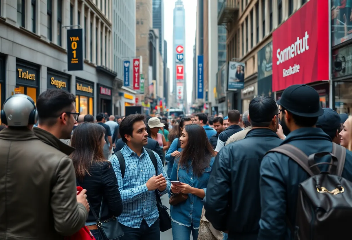 People in New York City connecting and engaging in conversation in a marketing context.