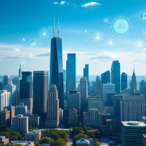 Chicago skyline with digital marketing elements