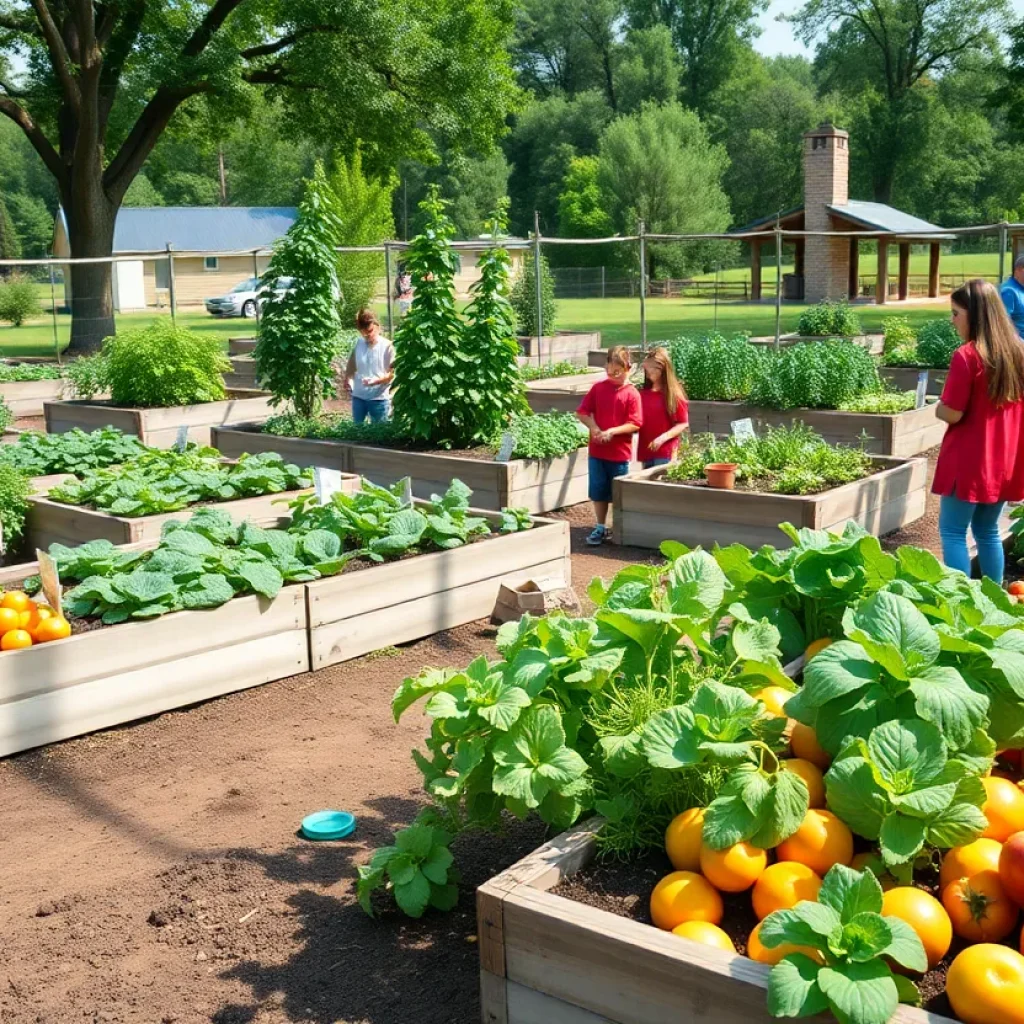 Students working in a community garden with raised beds of vegetables