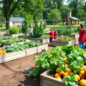 Students working in a community garden with raised beds of vegetables