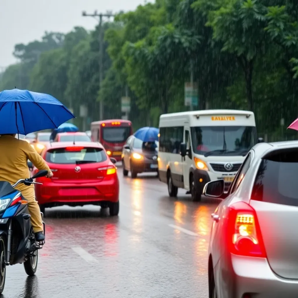 Heavy rain causing traffic delay on a highway