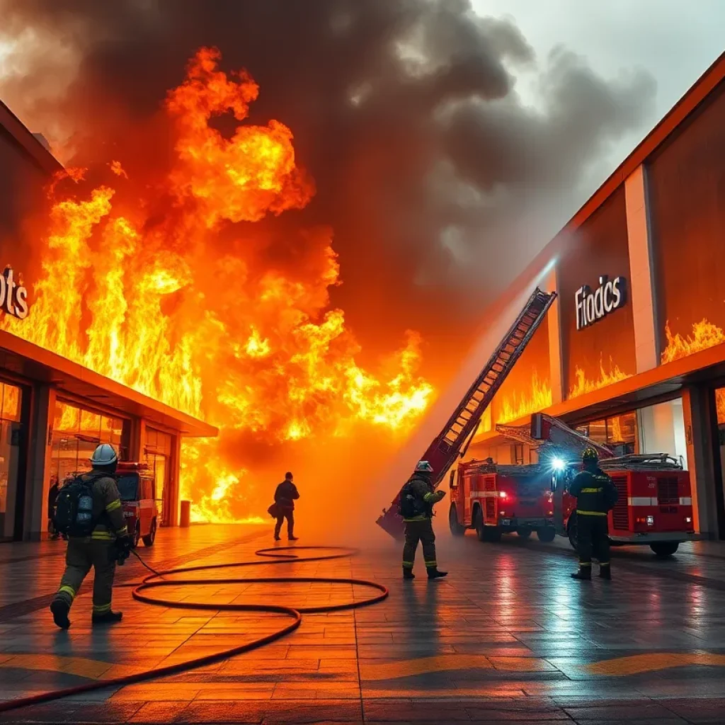 Firefighters battling a large blaze at a Spartanburg shopping complex.