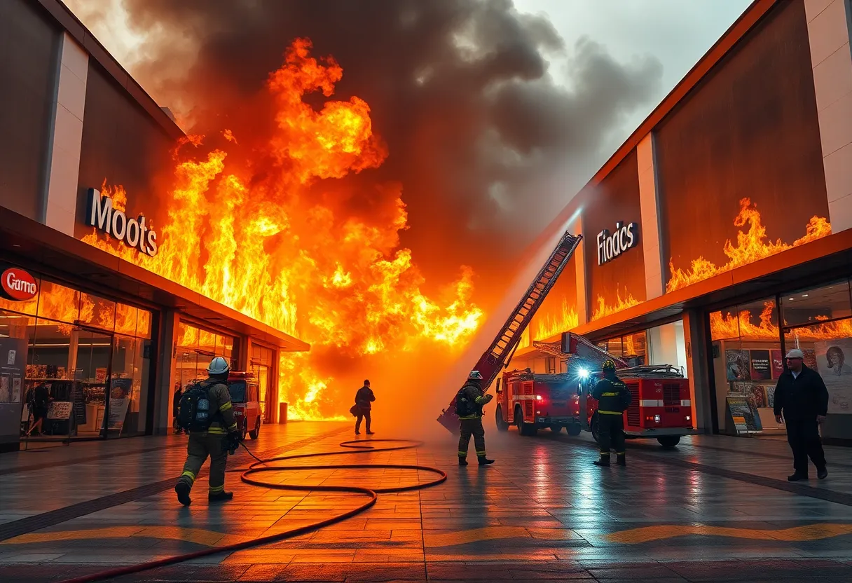 Firefighters battling a large blaze at a Spartanburg shopping complex.