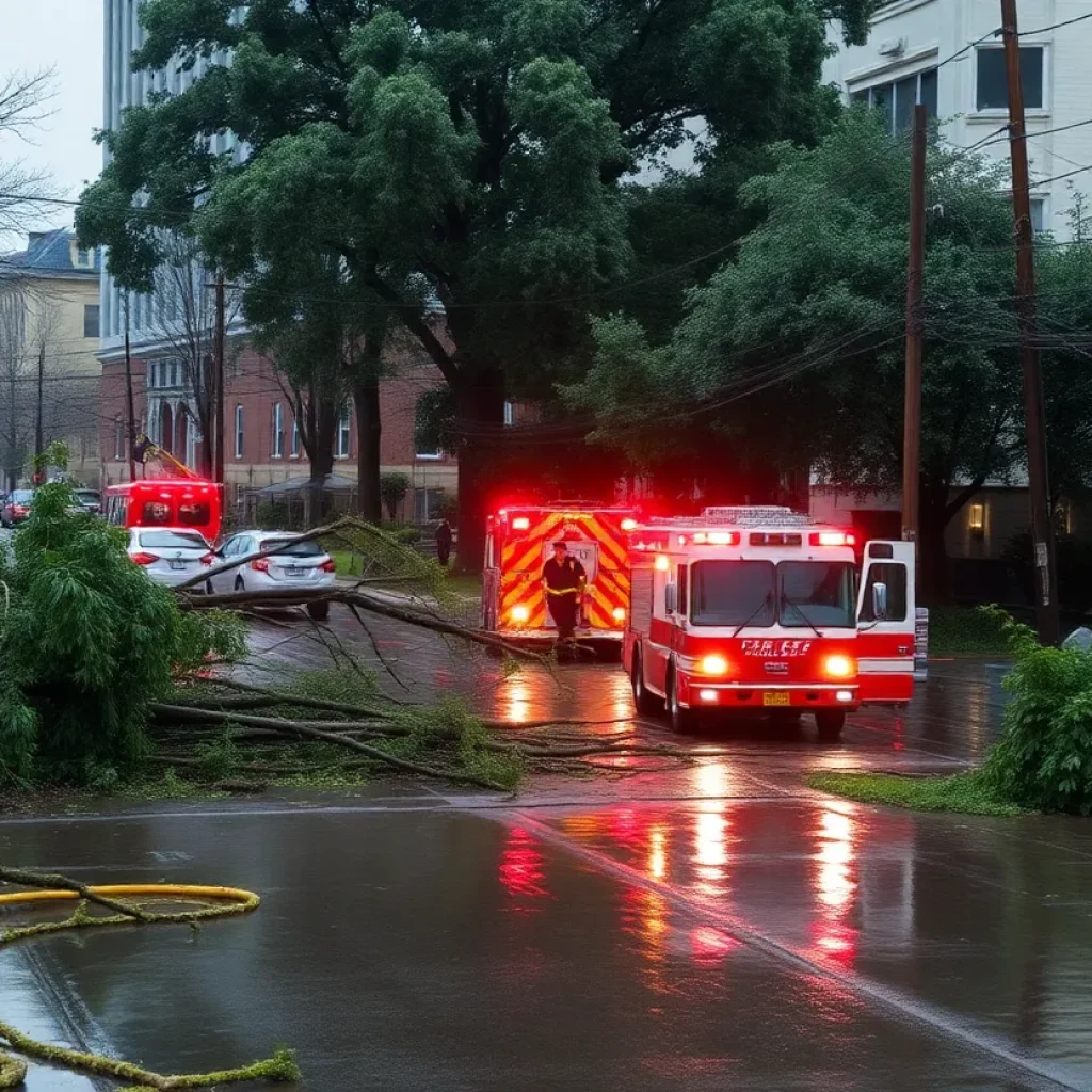 Aftermath of Tropical Storm Helene showing flooding and debris in a city.