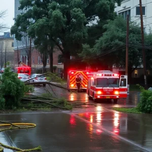 Aftermath of Tropical Storm Helene showing flooding and debris in a city.