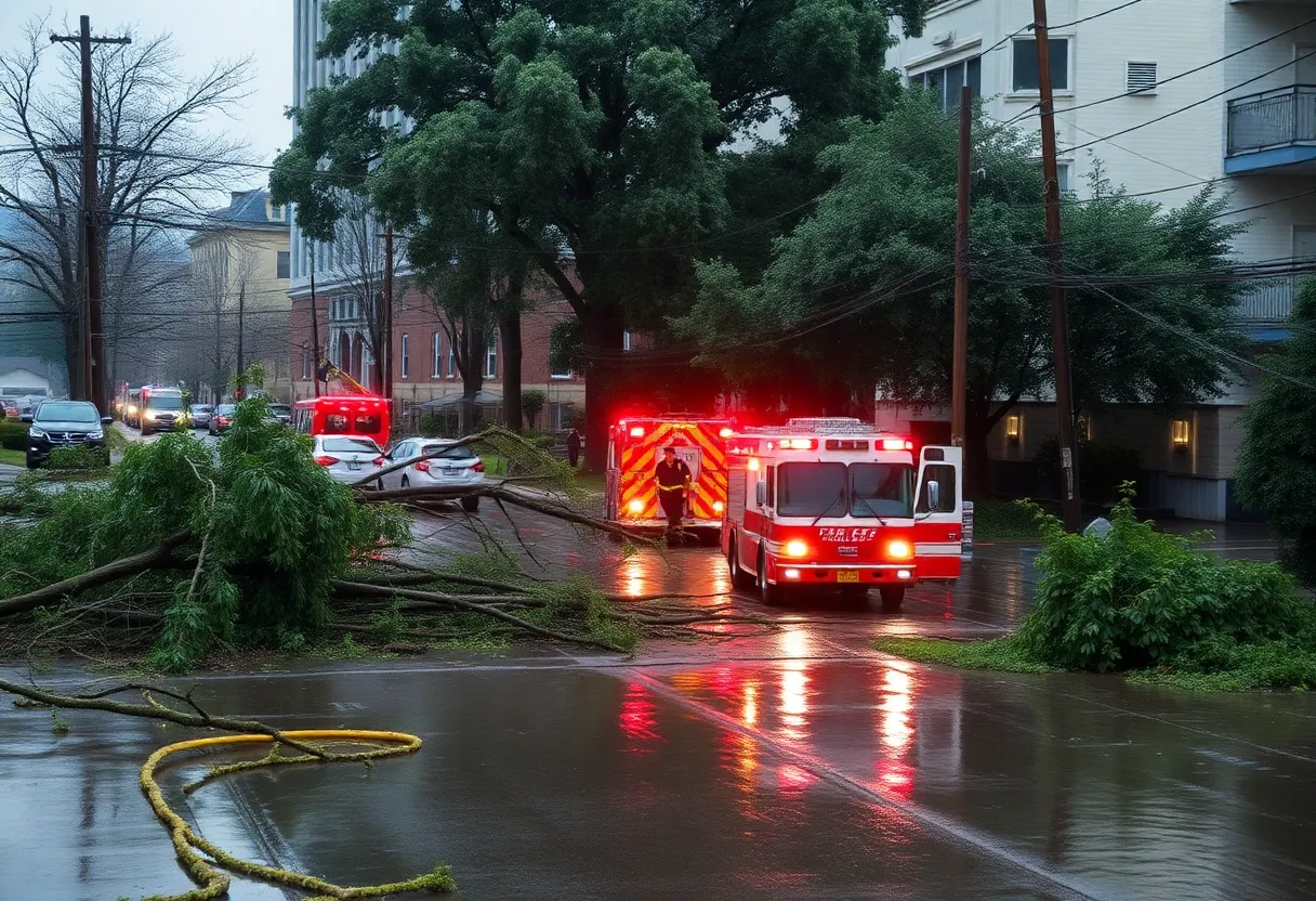 Aftermath of Tropical Storm Helene showing flooding and debris in a city.