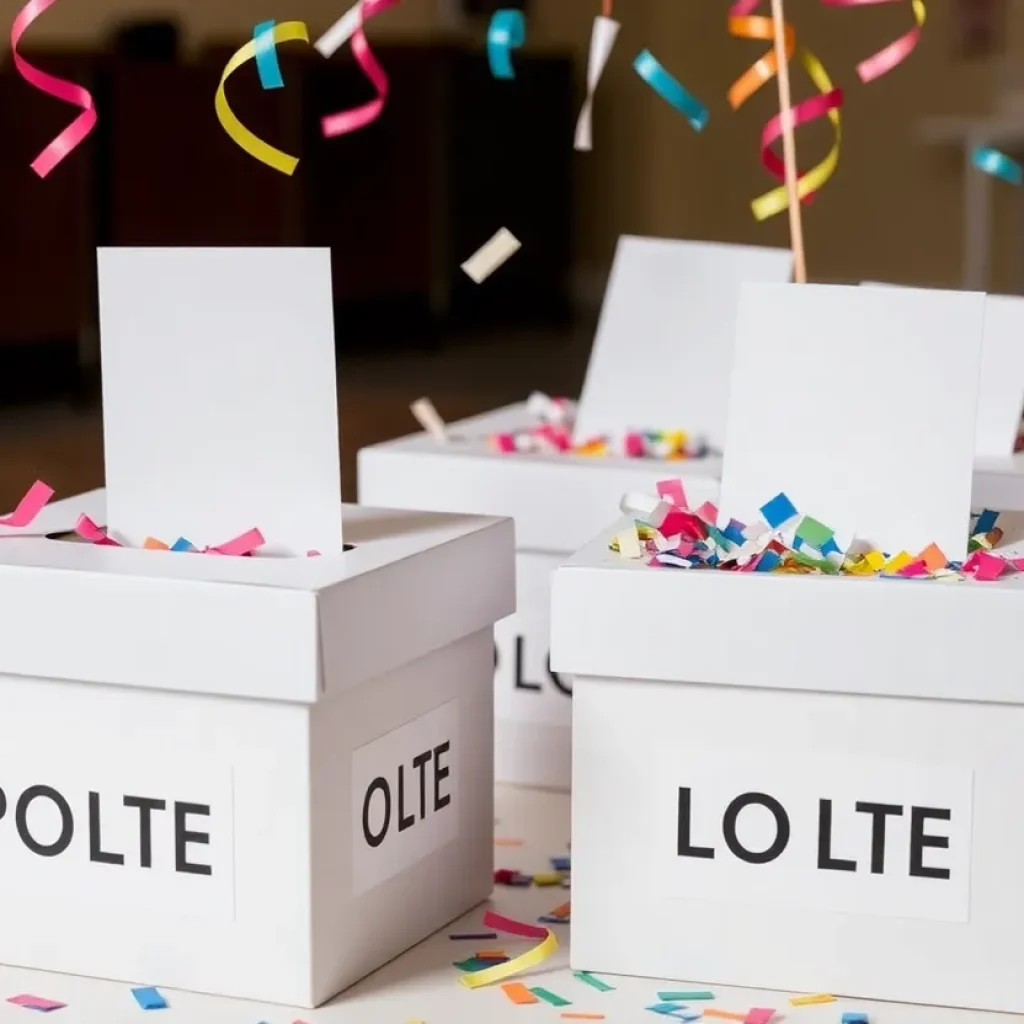 Ballot boxes with confetti and celebratory decorations.