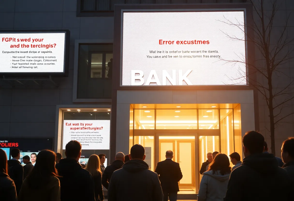 Confused customers outside a bank building during access issues