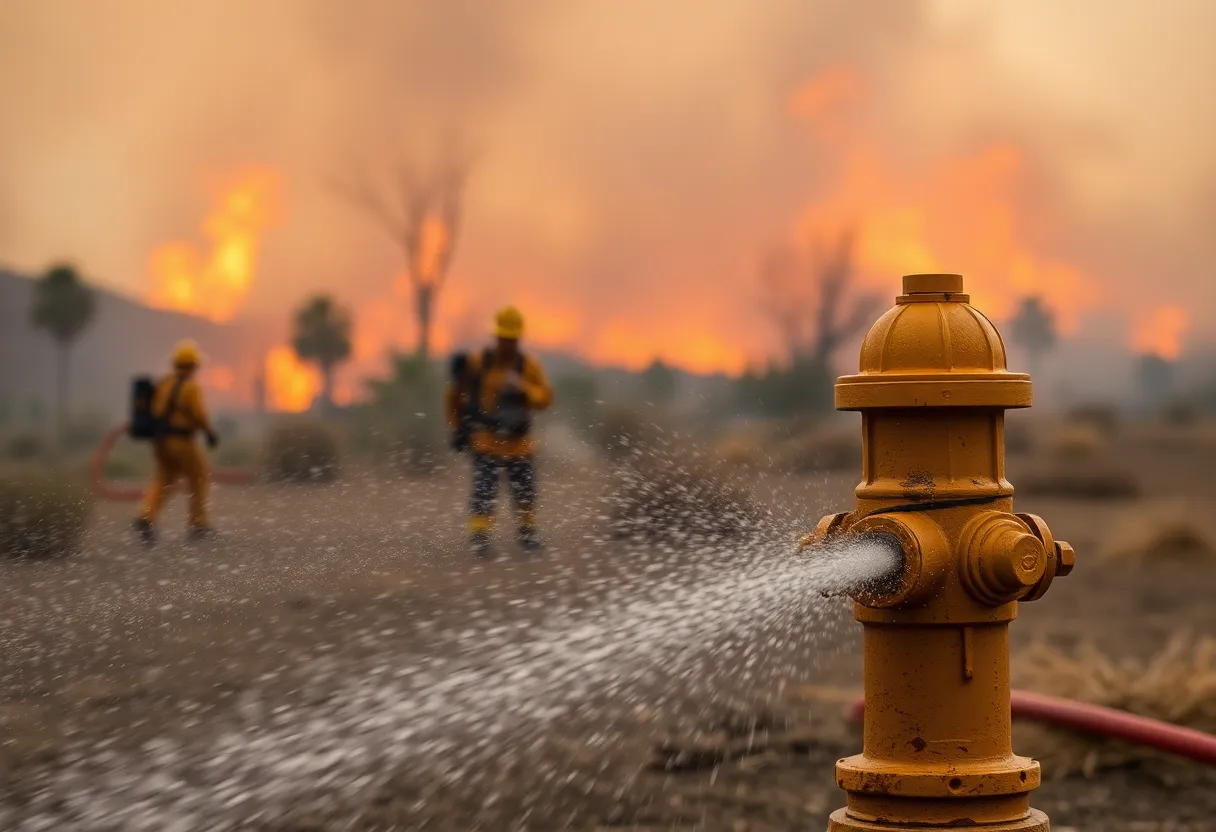 Firefighters combating wildfires in California with fire hydrants in view