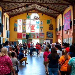 Colorful view of the Chapman Cultural Center with performers and community members