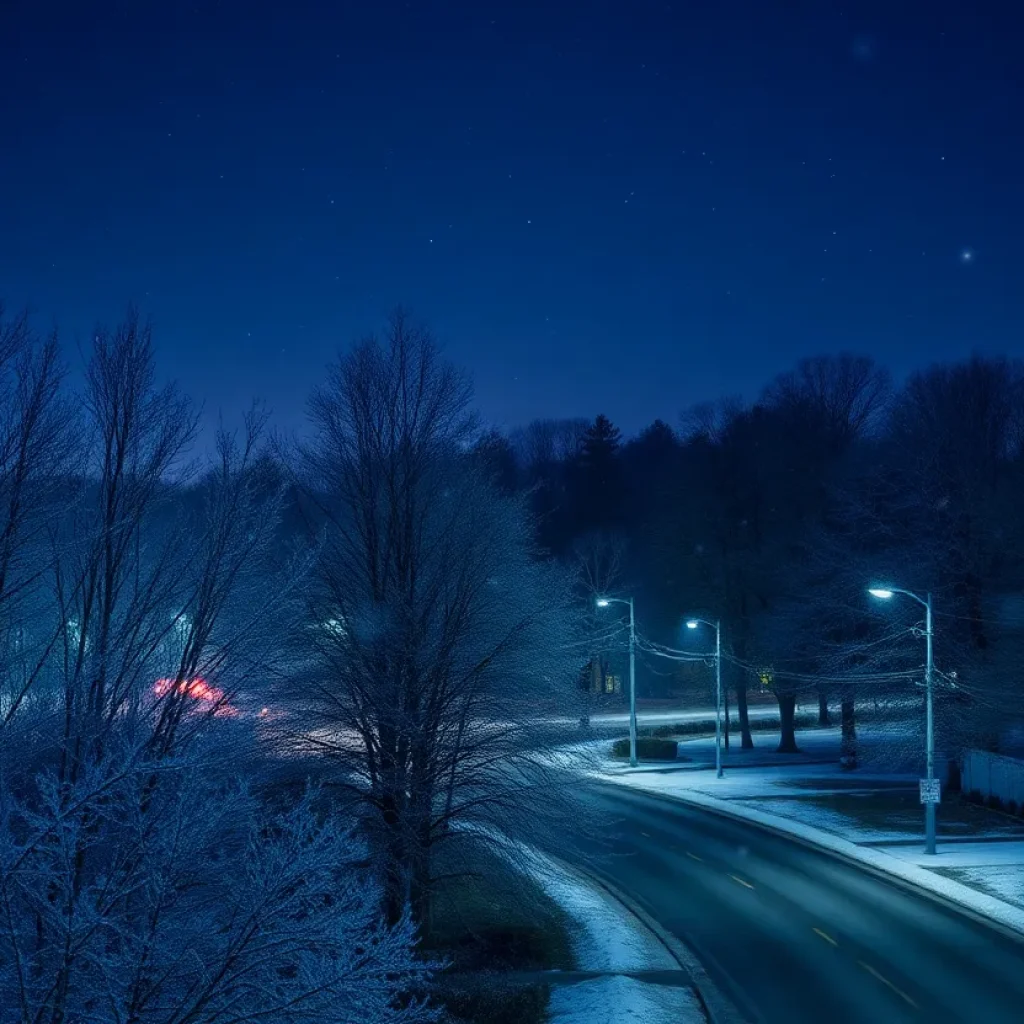 Winter night scene in Spartanburg, SC with frost and stars