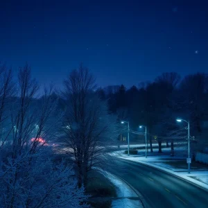 Winter night scene in Spartanburg, SC with frost and stars