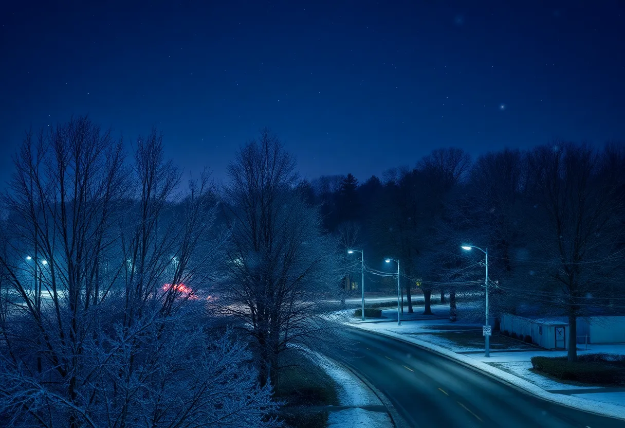 Winter night scene in Spartanburg, SC with frost and stars