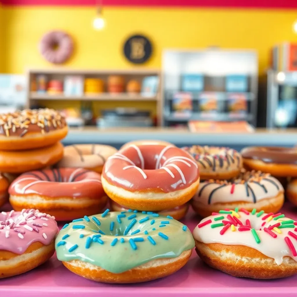 Assorted donuts with colorful sprinkles and toppings in a donut shop