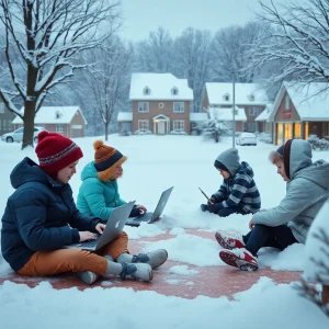 Students engaged in eLearning at home during winter.