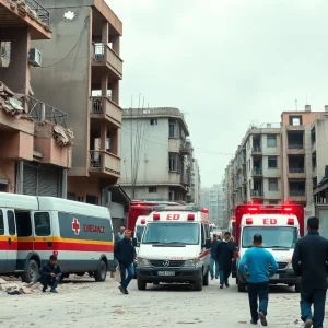 Scene showing the devastation in Gaza with damaged buildings and healthcare workers responding to urgent needs.