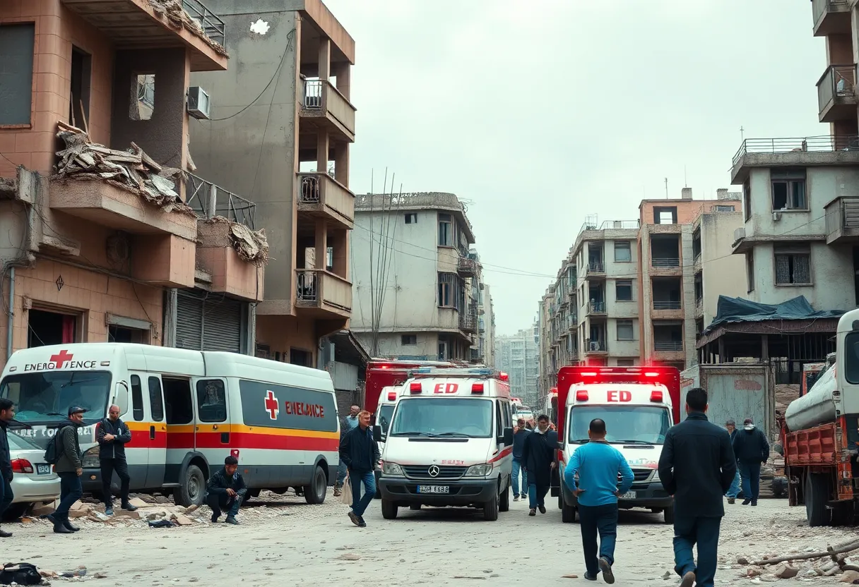 Scene showing the devastation in Gaza with damaged buildings and healthcare workers responding to urgent needs.