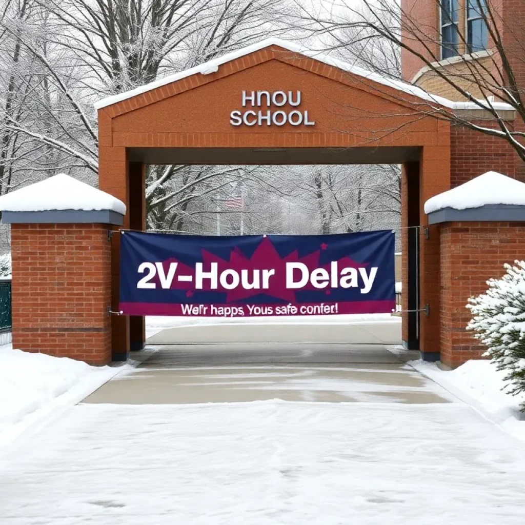 Winter scene at Greenville County Schools with a delay sign