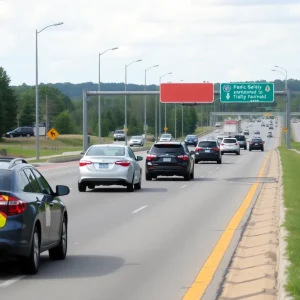 Traffic on a highway in Spartanburg County with safety signs