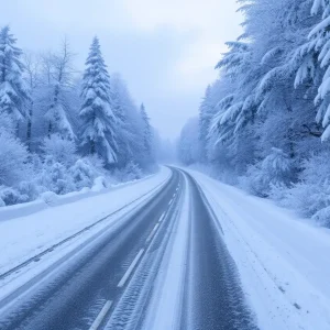 A winter scene depicting a snow-covered road and trees during a severe winter storm.