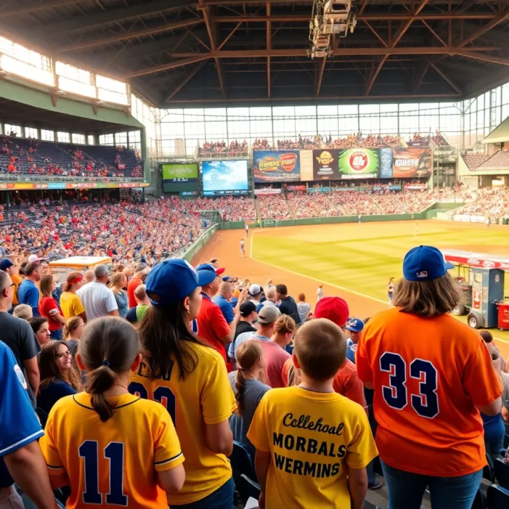 Fans at the Hub City Spartanburgers inaugural game with colorful jerseys and food trucks.