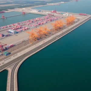 Aerial view of expanded Inland Port Greer facilities with cranes and containers.