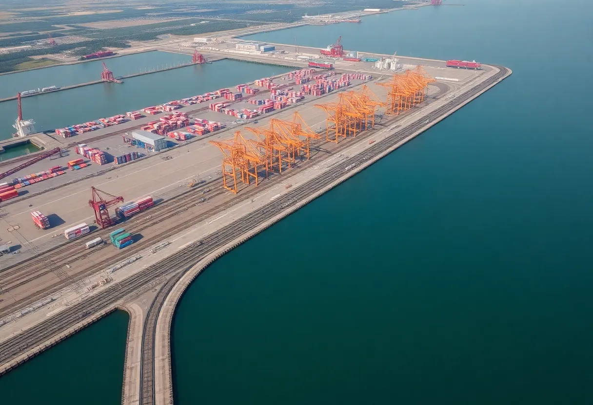 Aerial view of expanded Inland Port Greer facilities with cranes and containers.