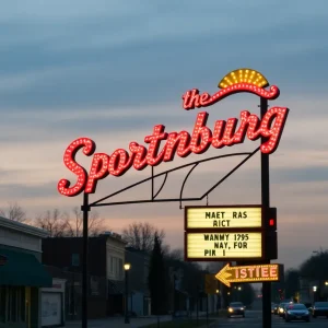 Nostalgic city view of the former Krispy Kreme sign in Spartanburg.