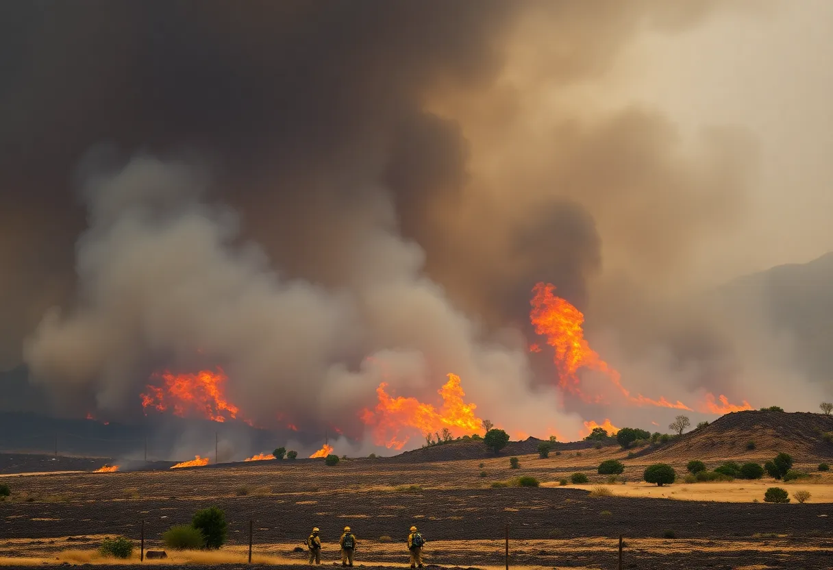 Firefighters battling a wildfire in Los Angeles