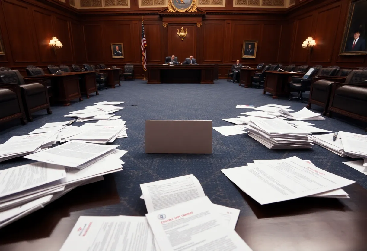 A Senate hearing room with scattered paperwork reflecting a confirmation delay.