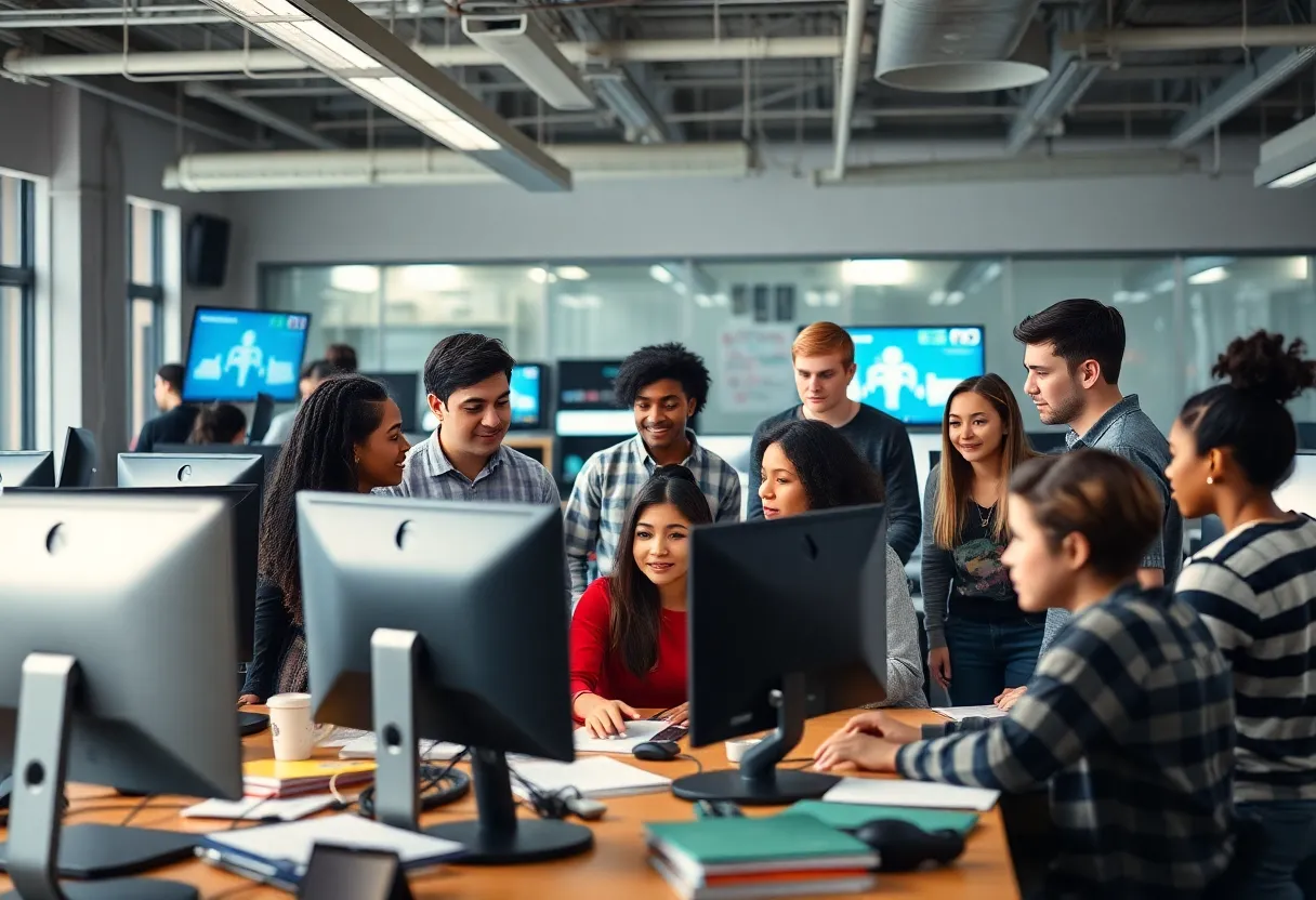 Interns working in a collaborative newsroom environment