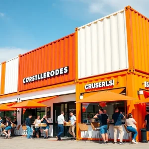 Exterior of Smalls Sliders restaurant with customers enjoying food.