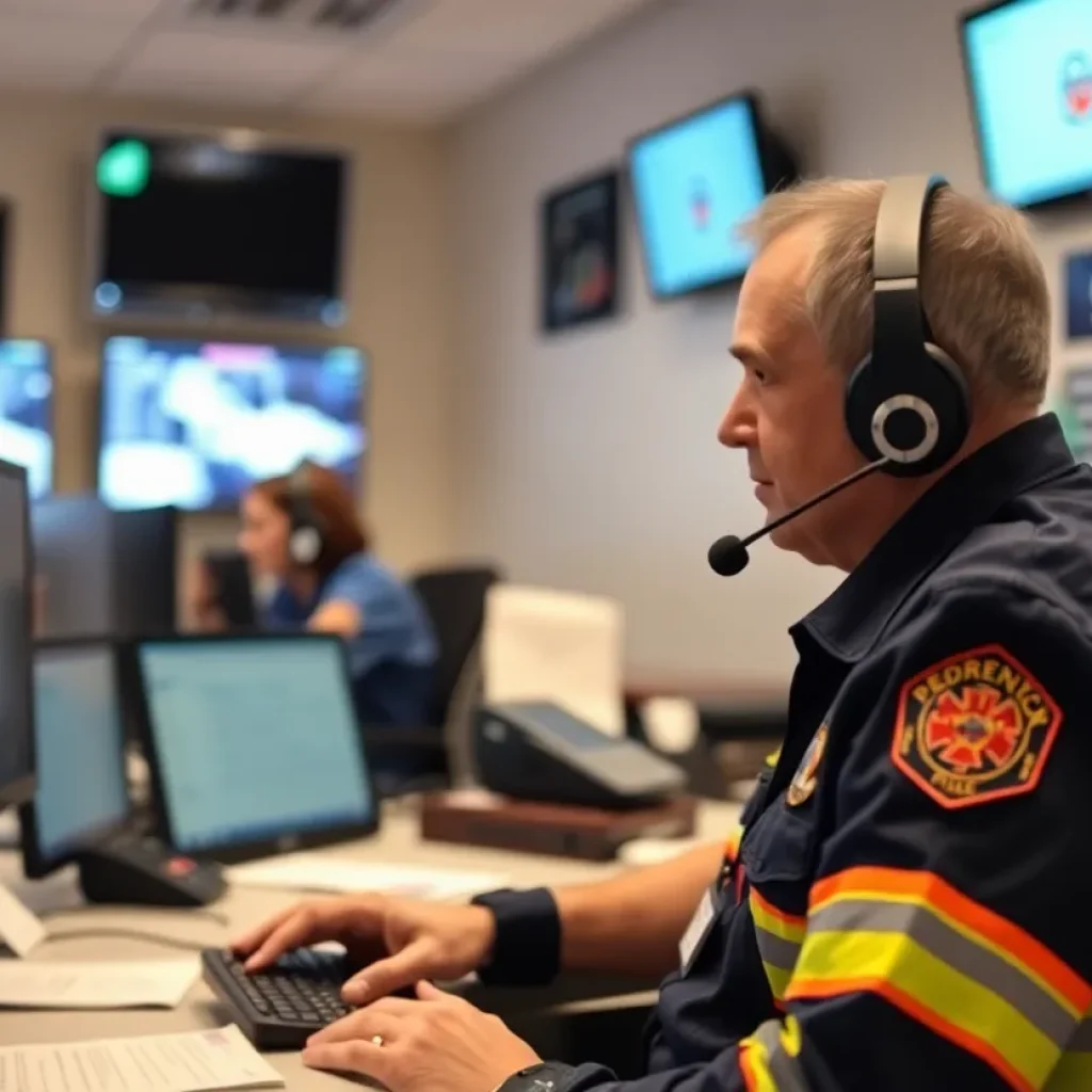 Inside view of a 911 call center showcasing emergency response equipment