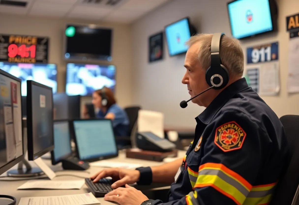 Inside view of a 911 call center showcasing emergency response equipment