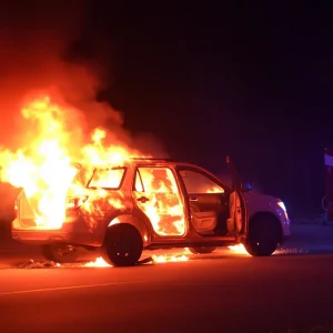 Burning SUV at night in Spartanburg