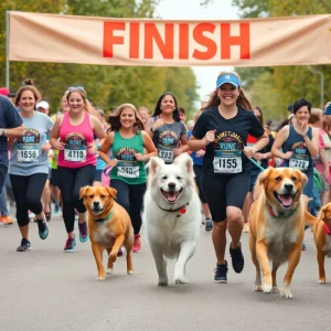 Runners and dogs participating in the Hair of the Dog Fun Run in Spartanburg