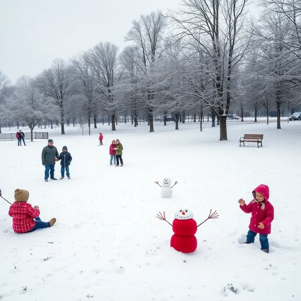 Families enjoying the snow in Spartanburg, SC with snow-covered trees.