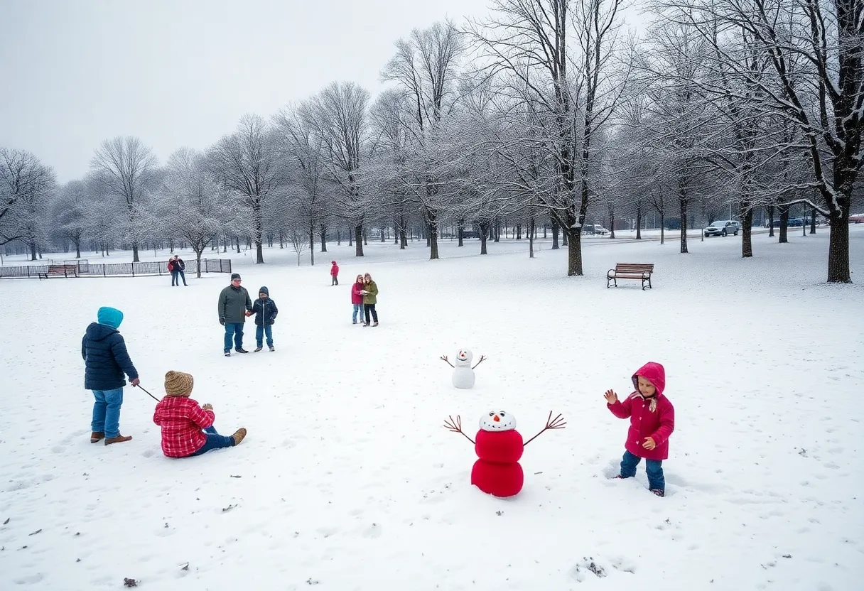 Families enjoying the snow in Spartanburg, SC with snow-covered trees.