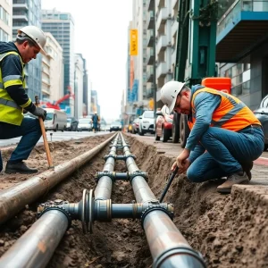 Construction workers replacing water lines in Spartanburg