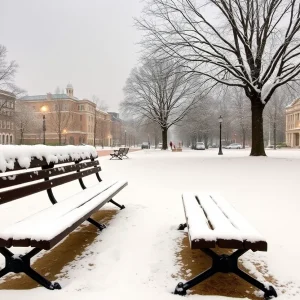 Snow-covered park in Spartanburg during a winter storm.