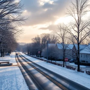 Light snowfall covering roads and trees in Upstate South Carolina