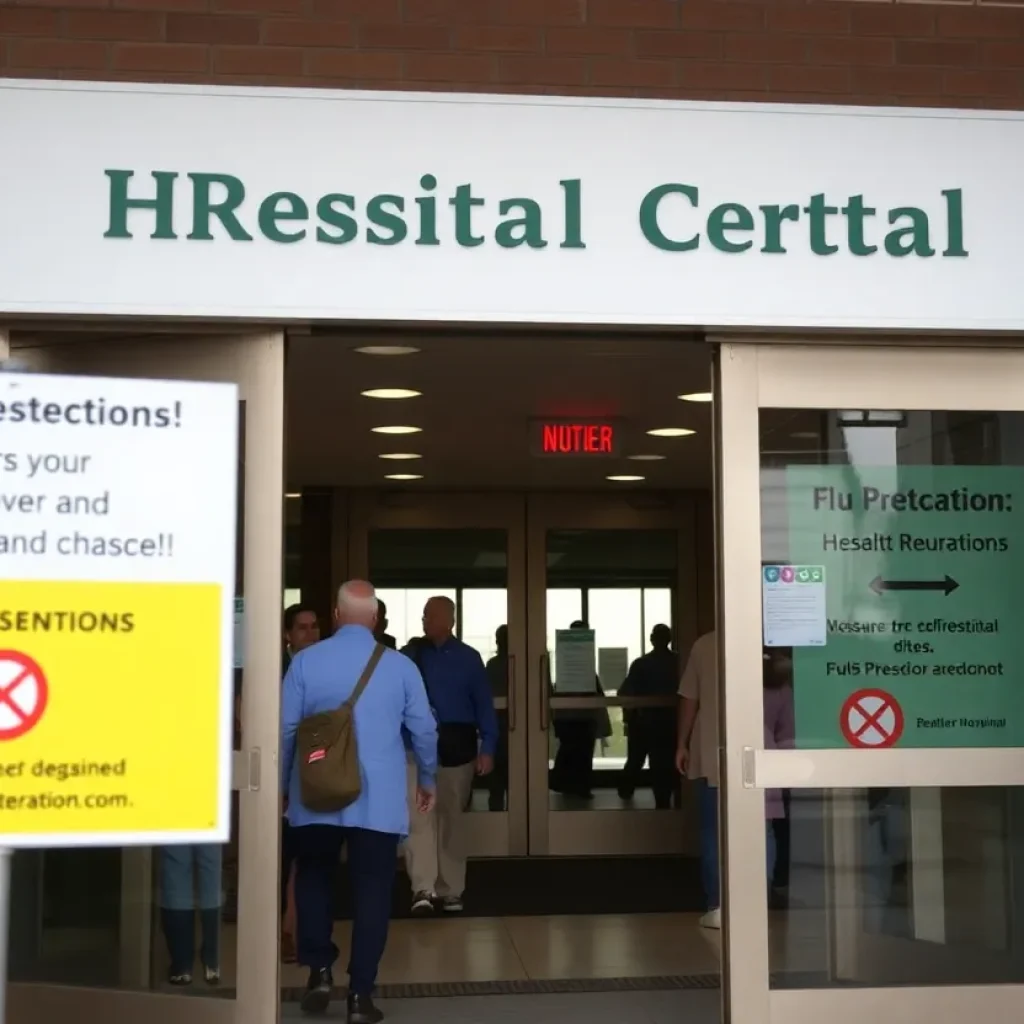 Hospital entrance with visitor restrictions signs in South Carolina