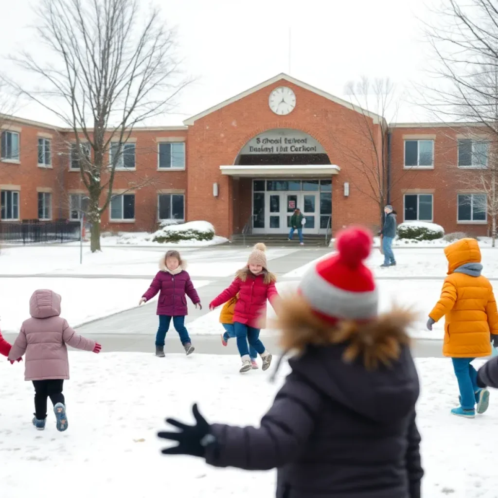 A snowy school yard with children enjoying the snow during a school closure for e-learning.