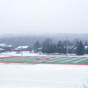 Snow-covered high school sports field in Upstate South Carolina