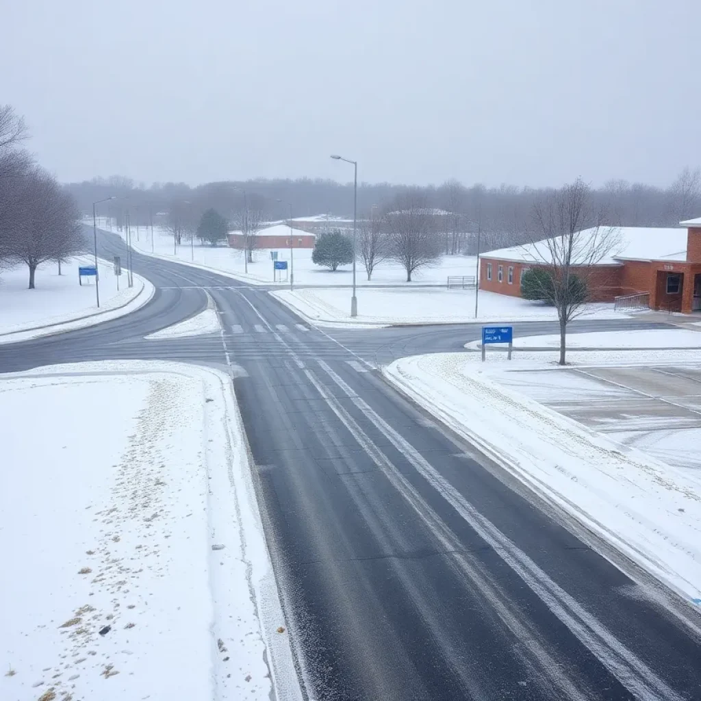 Snow-covered school grounds with icy roads