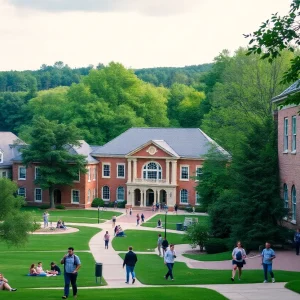 Wofford College campus view with students outside