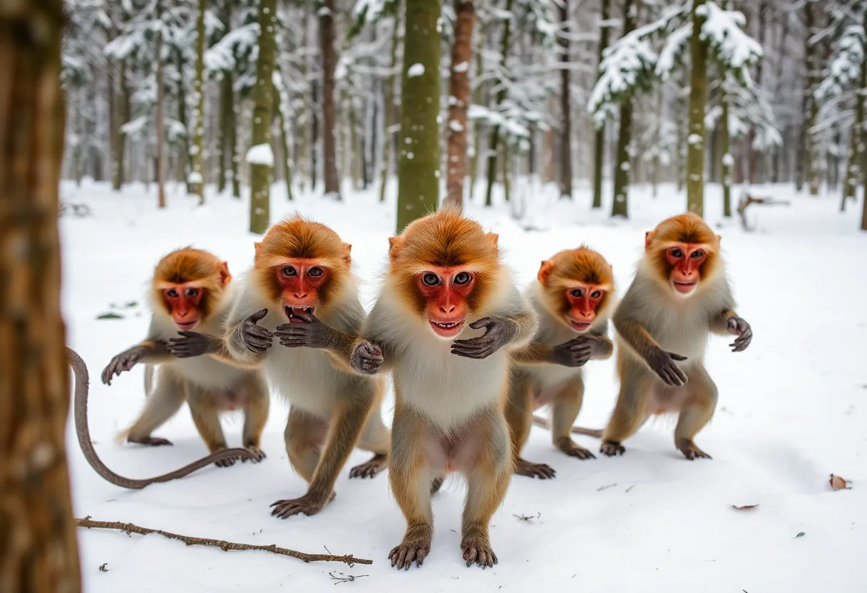 Rhesus Macaque Monkeys in Snowy Forest